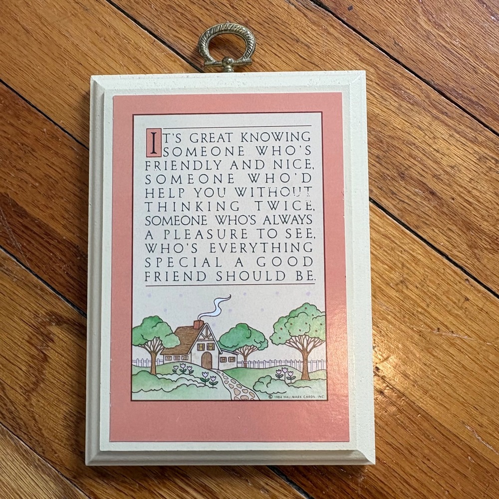 Vintage Hallmark Wood Plaque Pink Cream 1984 Friendship Poem Cottage Trees